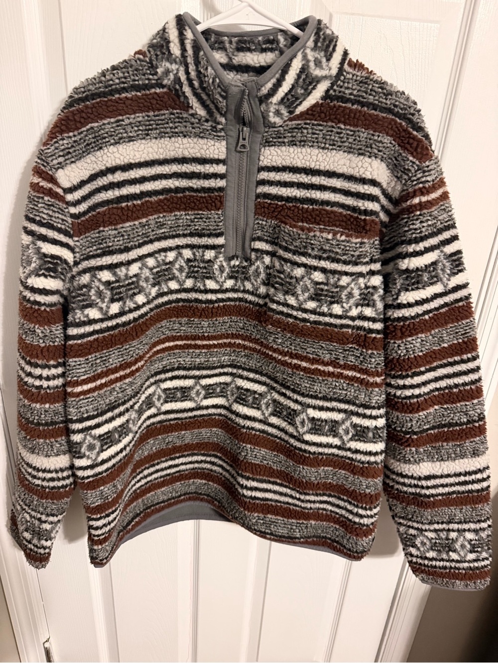 Lucky Brand Striped Sherpa Half-Zip Pullover in Brown, Gray & White